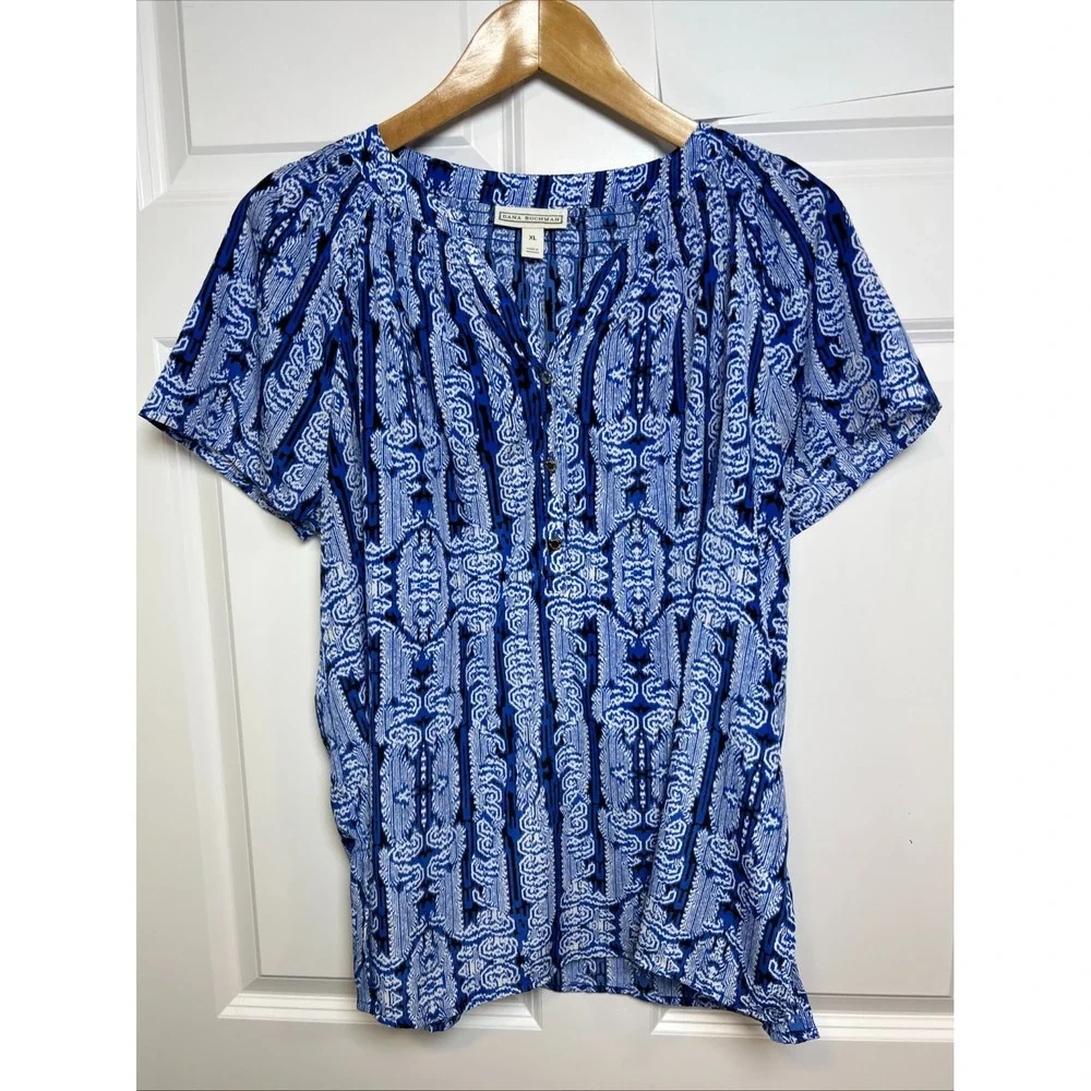 Dana Buchman XL Peasant Blouse Blue White Ikat Medallion Smocked Split Neck Top